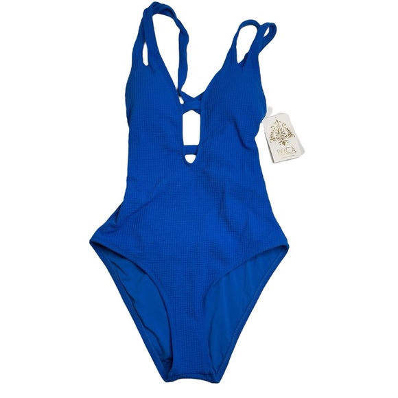 BECCA by Rebecca Virtue Pucker Up Tear Drop One-Piece Swimsuit Blue Small New - Picture 1 of 10